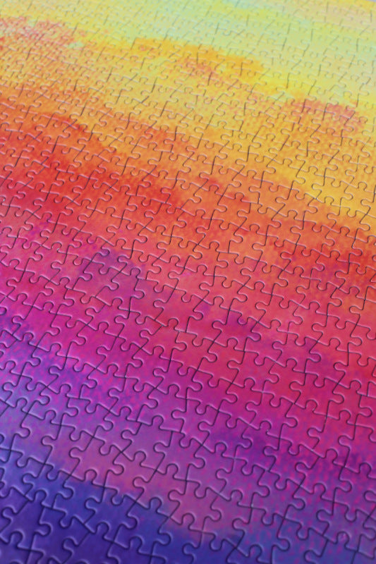 Close up of completed gradient jigsaw puzzle sunrise colours by The Puzzled Artist